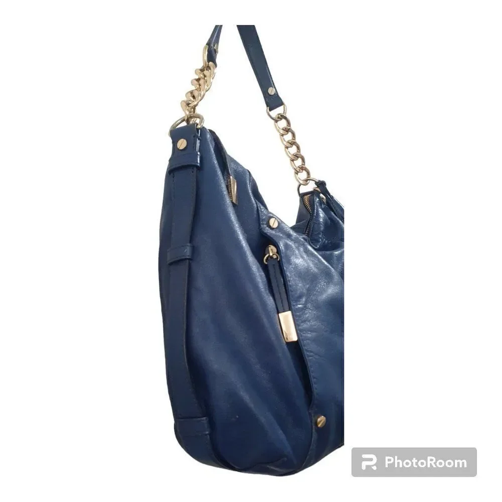MICHAEL KORS BLUE LEATHER GOLD CHAIN DEVON LARGE SHOULDER TOTE BAG PURSE